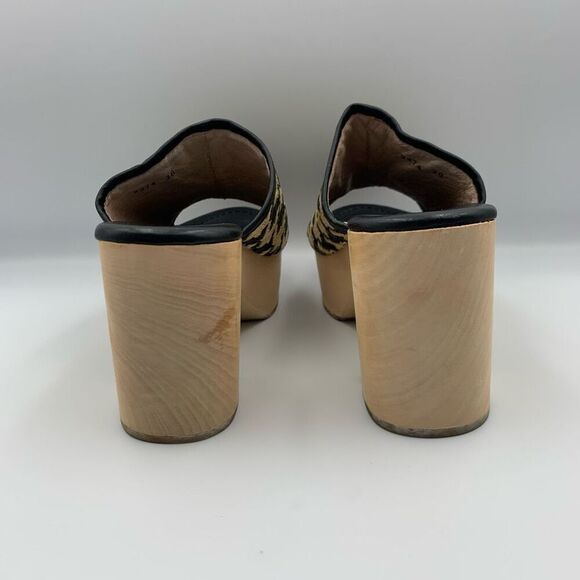 Logan Open Toe Leather‎ Raffia Houndstooth Wooden Clog Black Cream Size 36 - Picture 7 of 13